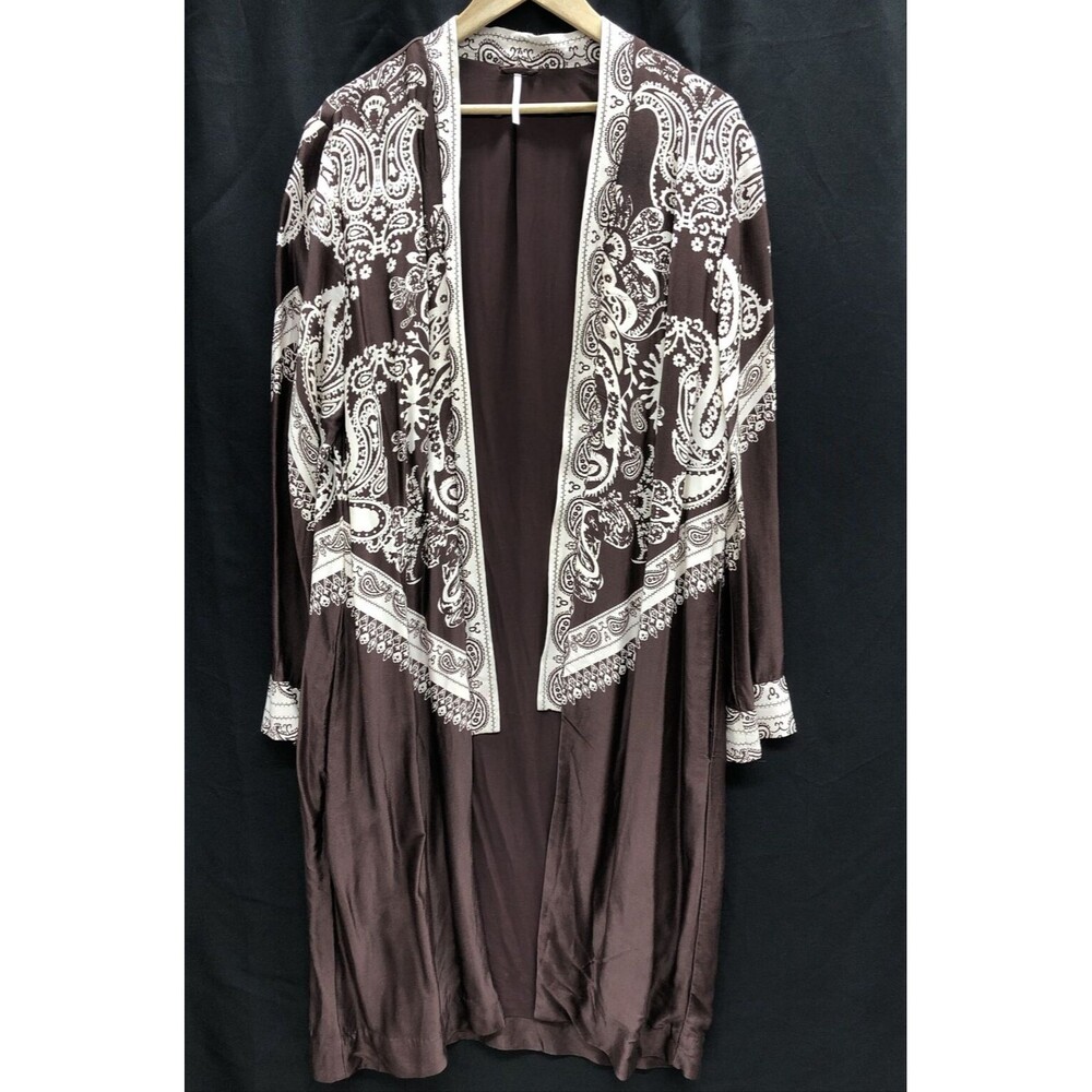 Free People Duster Large Brown Long Paisley Pockets Open Lined Bohemian